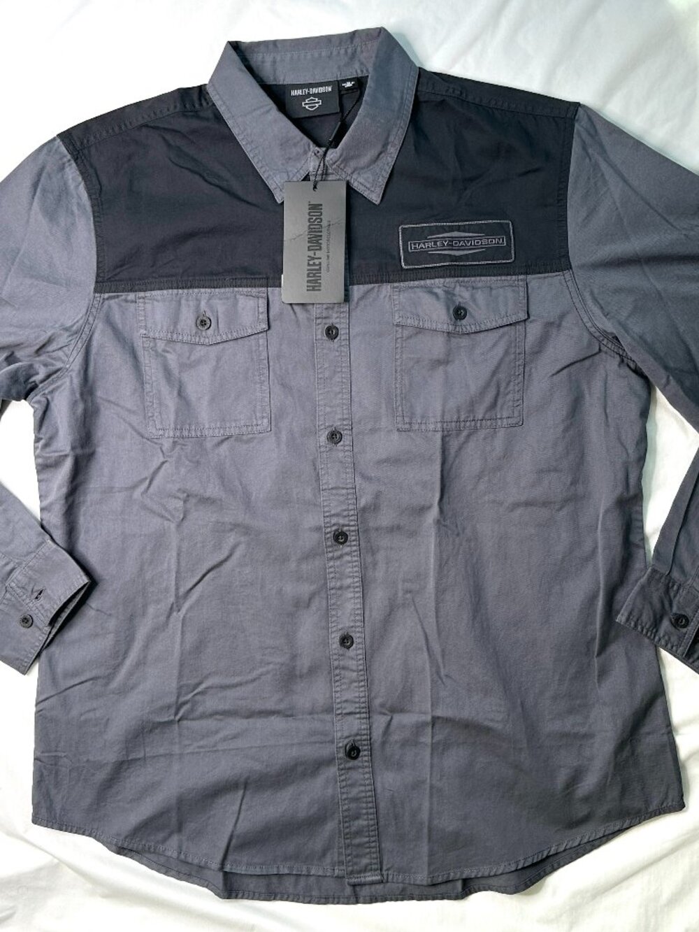Harley-Davidson Mens XL Colorblock Black/Grey Long Sleeve Woven Shirt Button Up